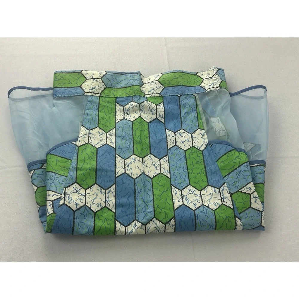 Vintage 50s 60s Hostess Half Apron Sheer Blue Green Geometric Tie Waist Handmade